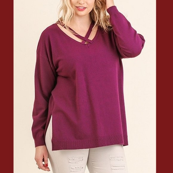 New UMGEE XL 1XL Burgundy Wine High Low hem Crossed V Neck Pullover Sweater - Picture 1 of 6